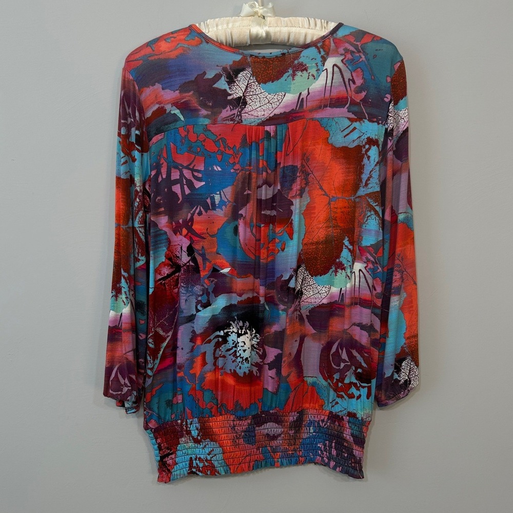 Cupio Blouse Womens Small Multicolor Abstract Floral Smocked Hem Tie Neck Tassel